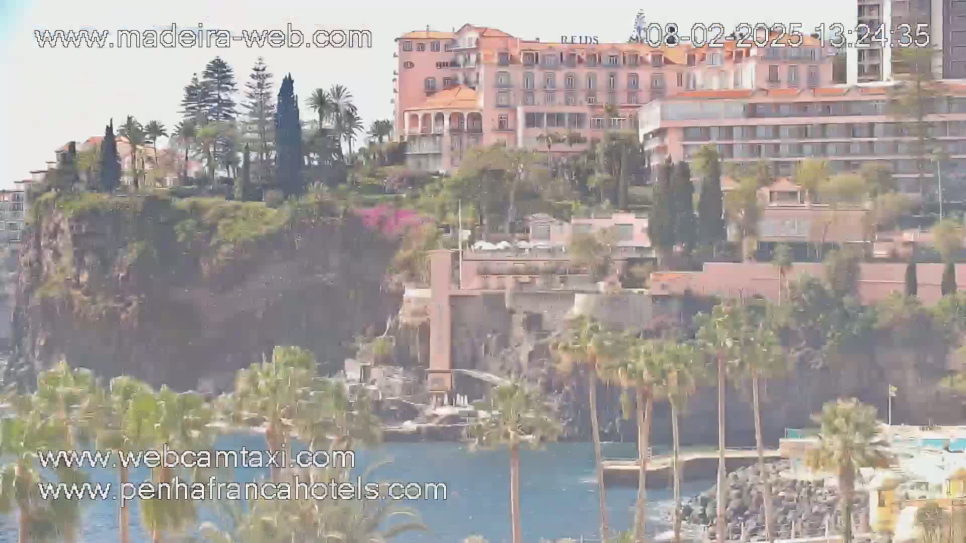 A coastal scene on a sunny day shows several buildings on a cliff overlooking calm water, with palm trees and other vegetation surrounding them.
