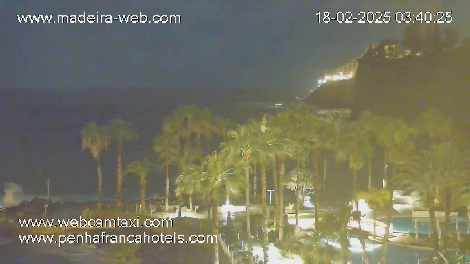 A nighttime view of a resort area with palm trees, a pool, and ocean in the background under a dark sky.