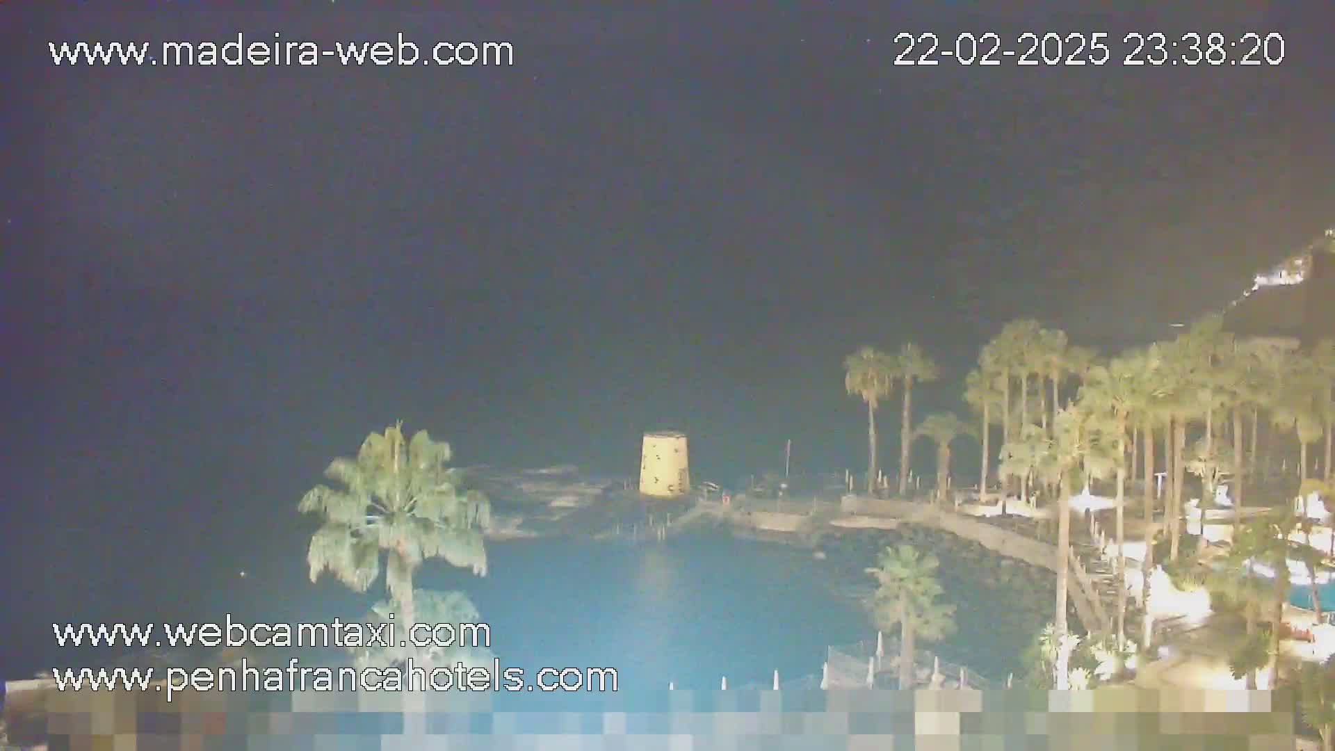 A nighttime view of a coastline with palm trees, a small tower, and calm water under a dark sky.