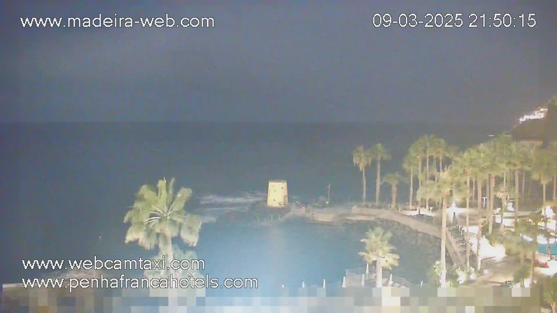 A nighttime coastal scene shows a dark ocean, palm trees swaying in the breeze, and a small stone tower near the water's edge.