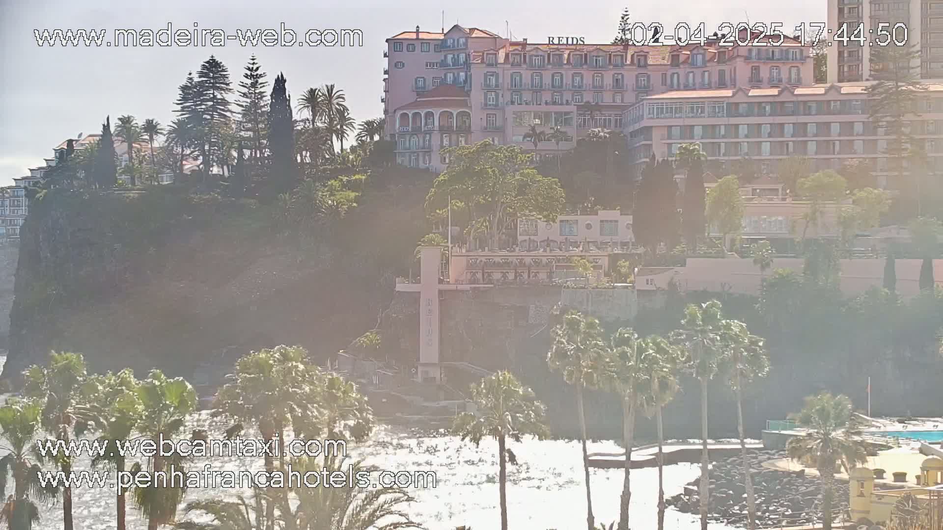 A hazy, sunny day reveals a cliffside scene with lush vegetation, palm trees, ocean waves, and a large pink hotel.