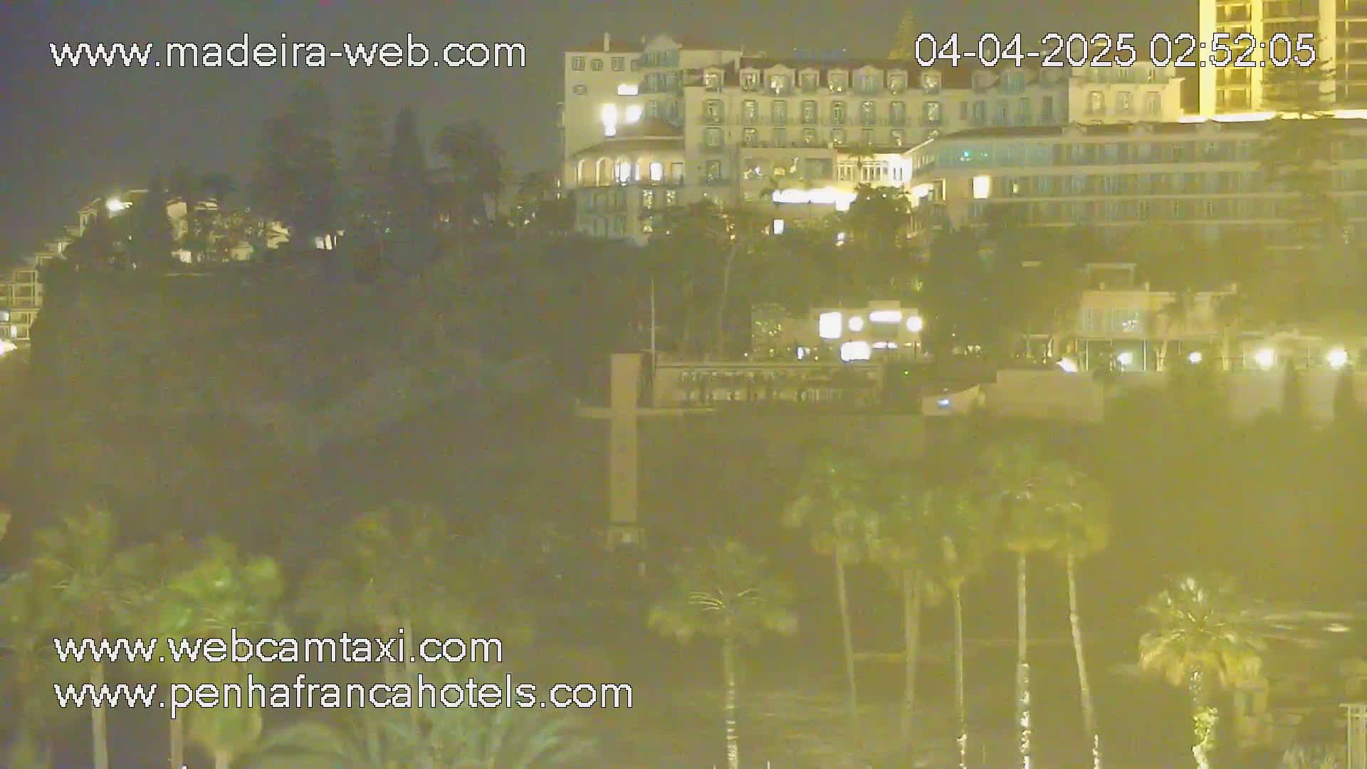 A nighttime view of a hill with palm trees and a large building lit up, possibly a hotel.