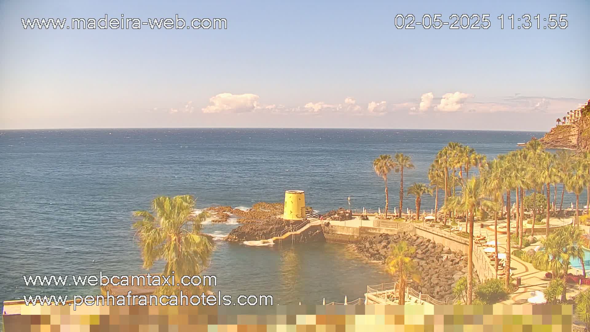 A partly cloudy day reveals a coastal scene with palm trees lining a rocky shoreline and calm ocean water extending to the horizon.