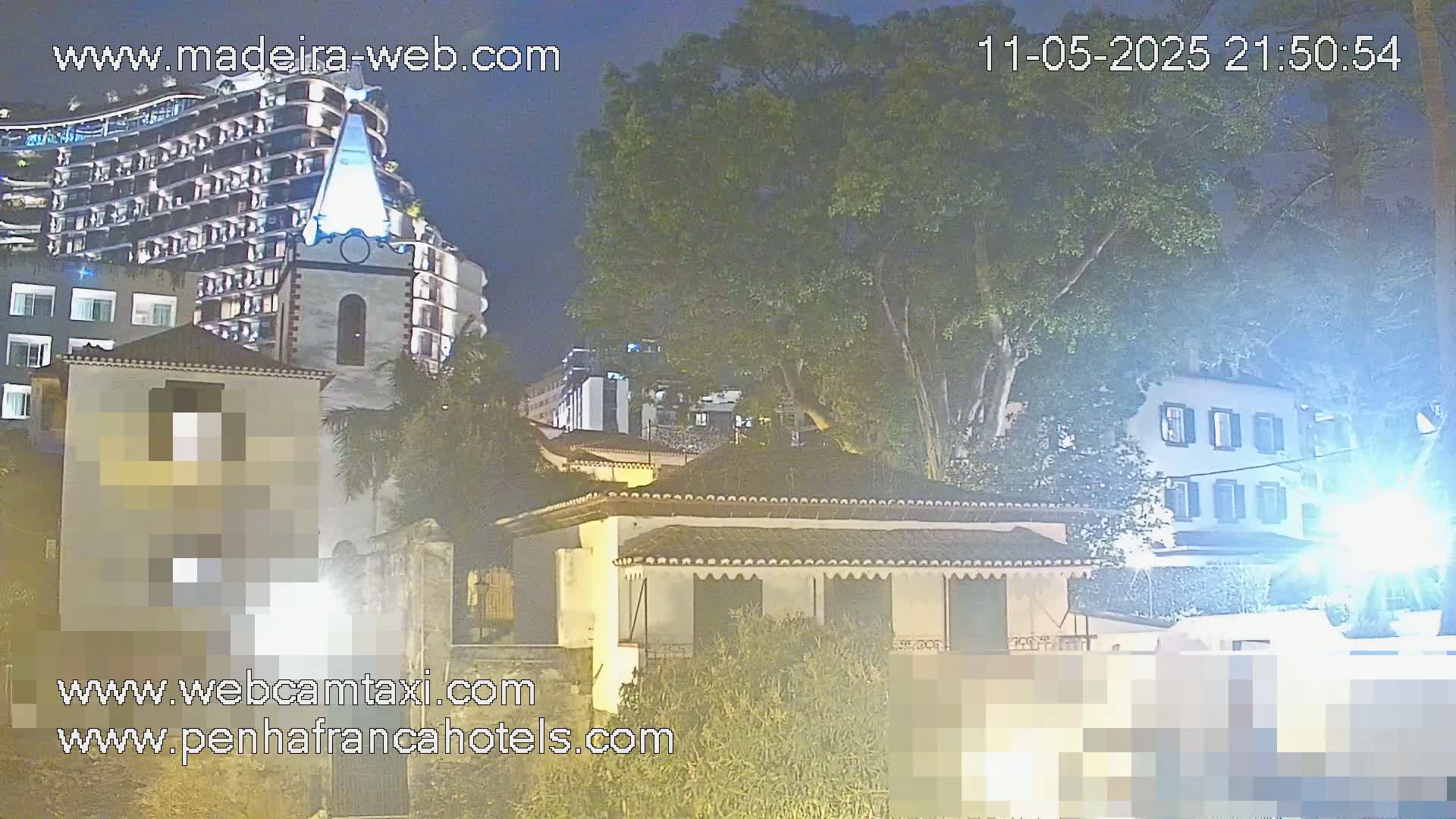 At night, a multi-story building is illuminated beside a smaller, church-like structure and other buildings, all under a large tree in dimly lit surroundings.
