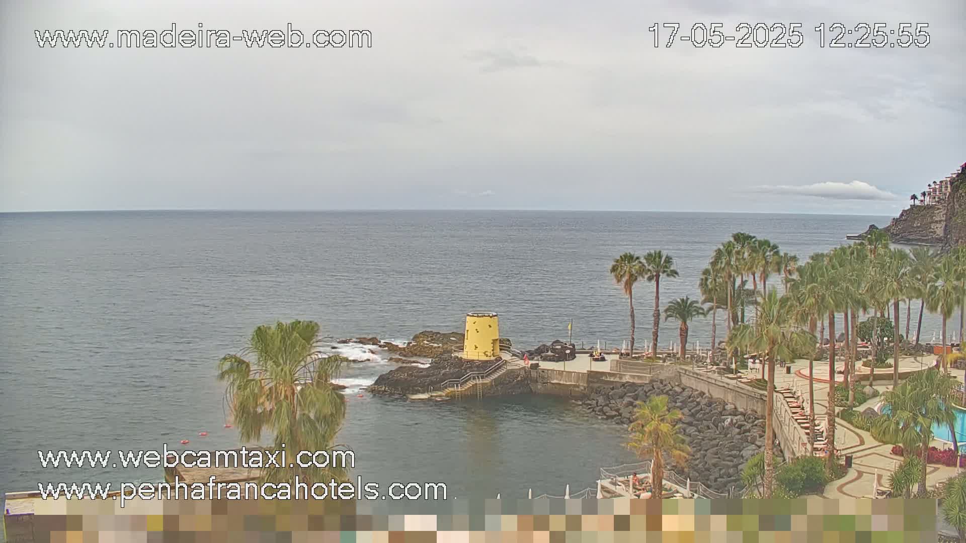 A coastal resort with palm trees overlooks a calm ocean under a cloudy sky.