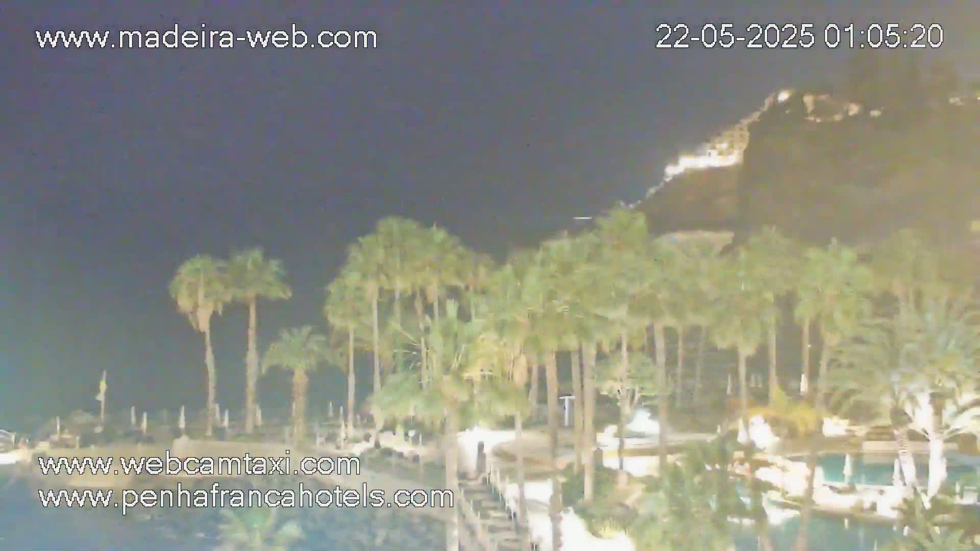 A nighttime view of a resort area with palm trees, illuminated buildings, and a dark, mountainous background under a clear, dark sky.