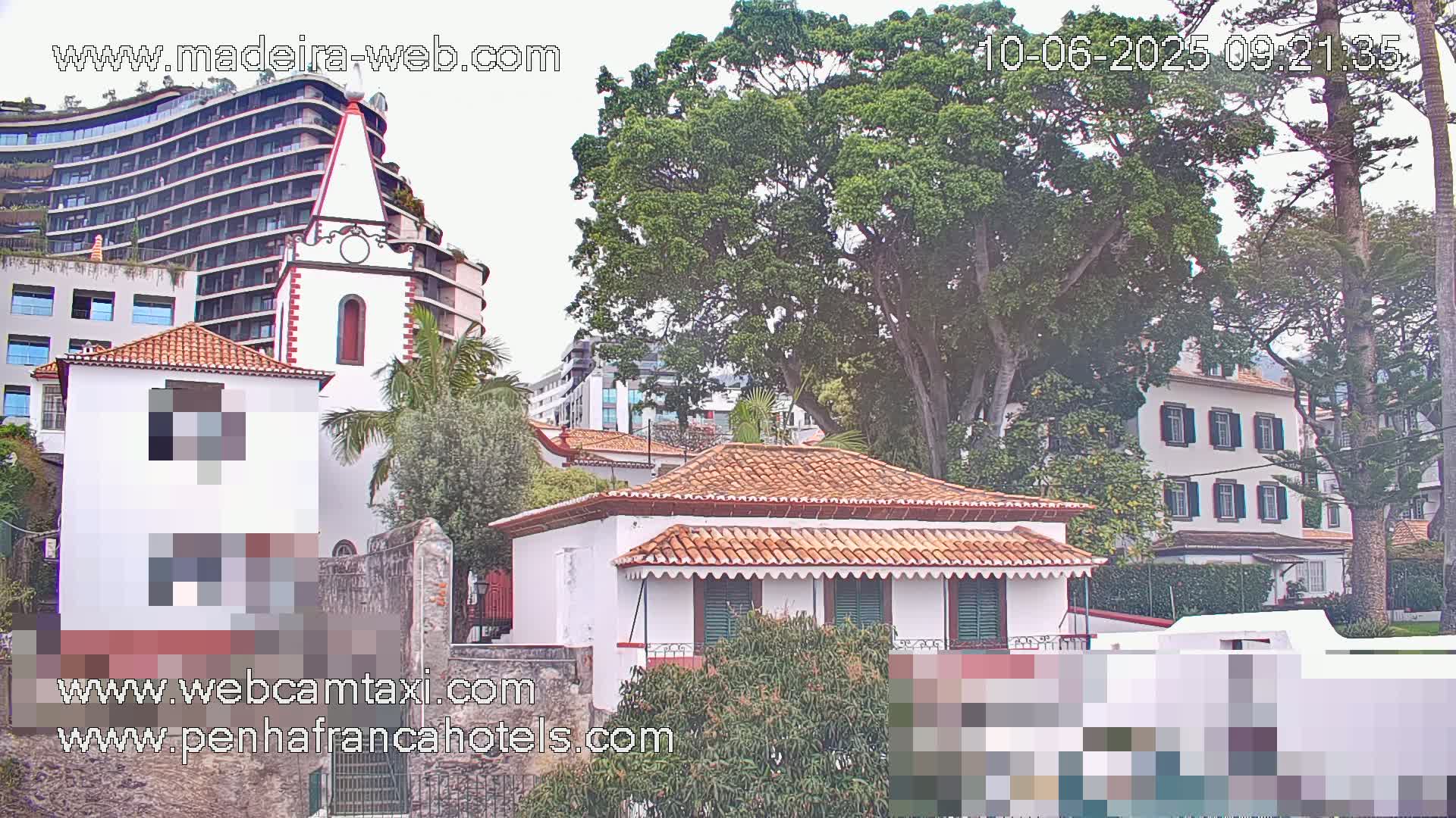 A white building with a terracotta roof sits beside a taller white building with a steeple, all surrounded by lush green trees on an overcast day.
