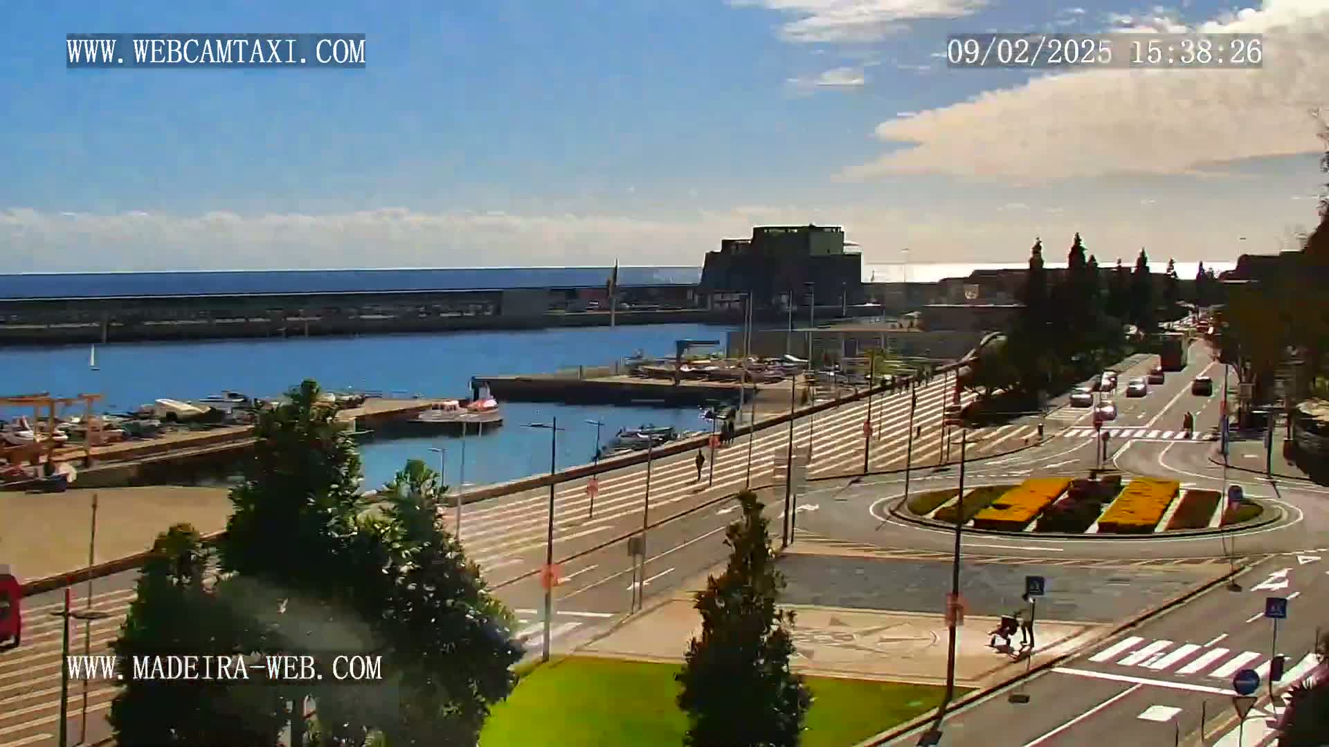 A sunny day shows a harbor with boats, a roadway with cars and pedestrians, and a roundabout with landscaping, all overlooking a calm ocean.