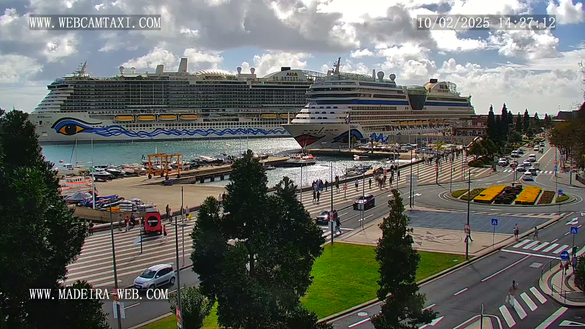 Two large cruise ships are docked at a port on a partly cloudy day, with pedestrians and vehicles visible on the surrounding streets and a roundabout with yellow flowers.