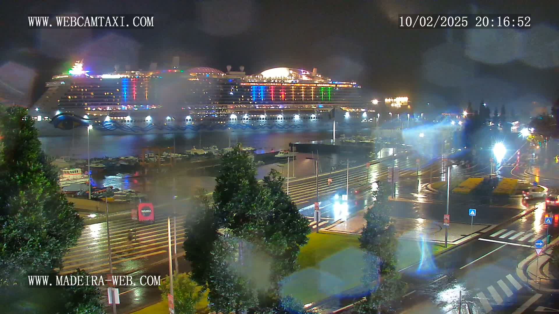 A large, brightly lit cruise ship is docked at a harbor at night in the rain.