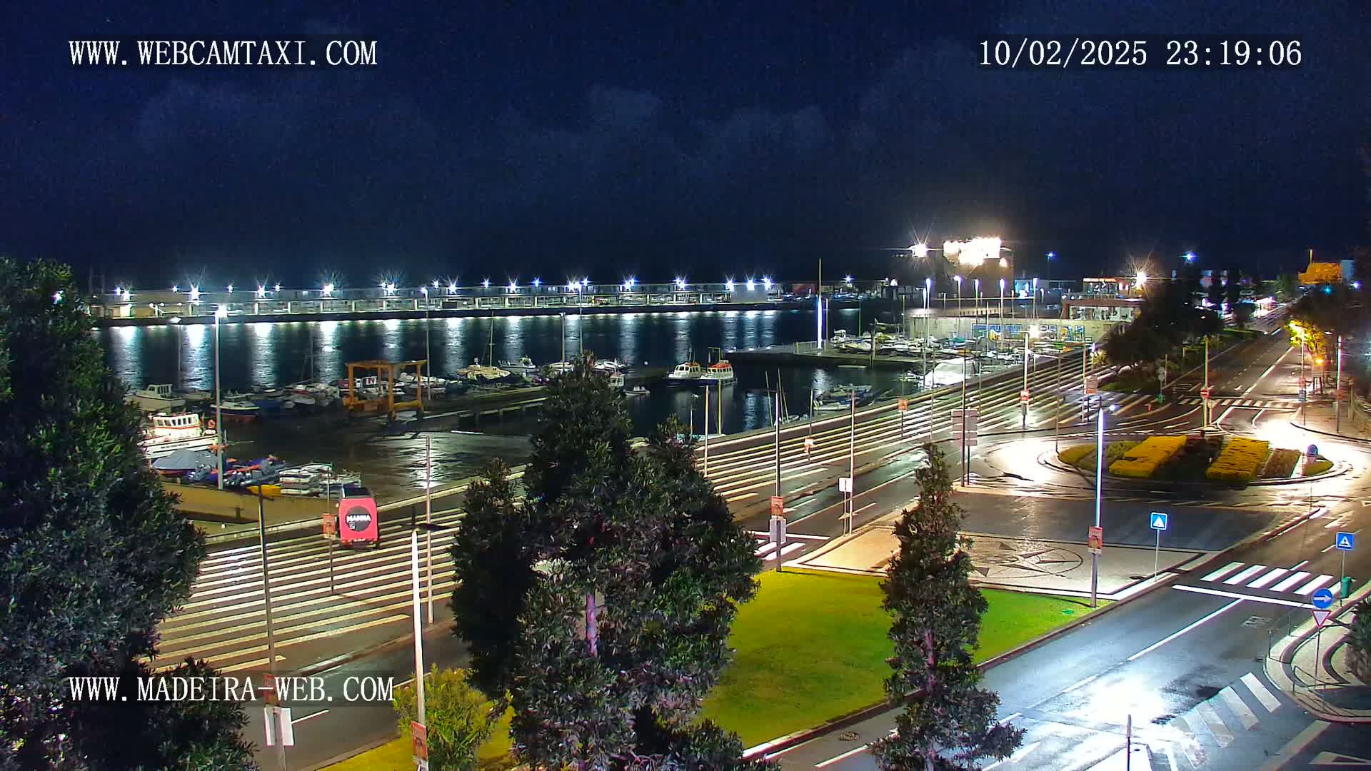 A nighttime, wet view of a marina filled with boats, adjacent to a roadway with a roundabout, surrounded by greenery.