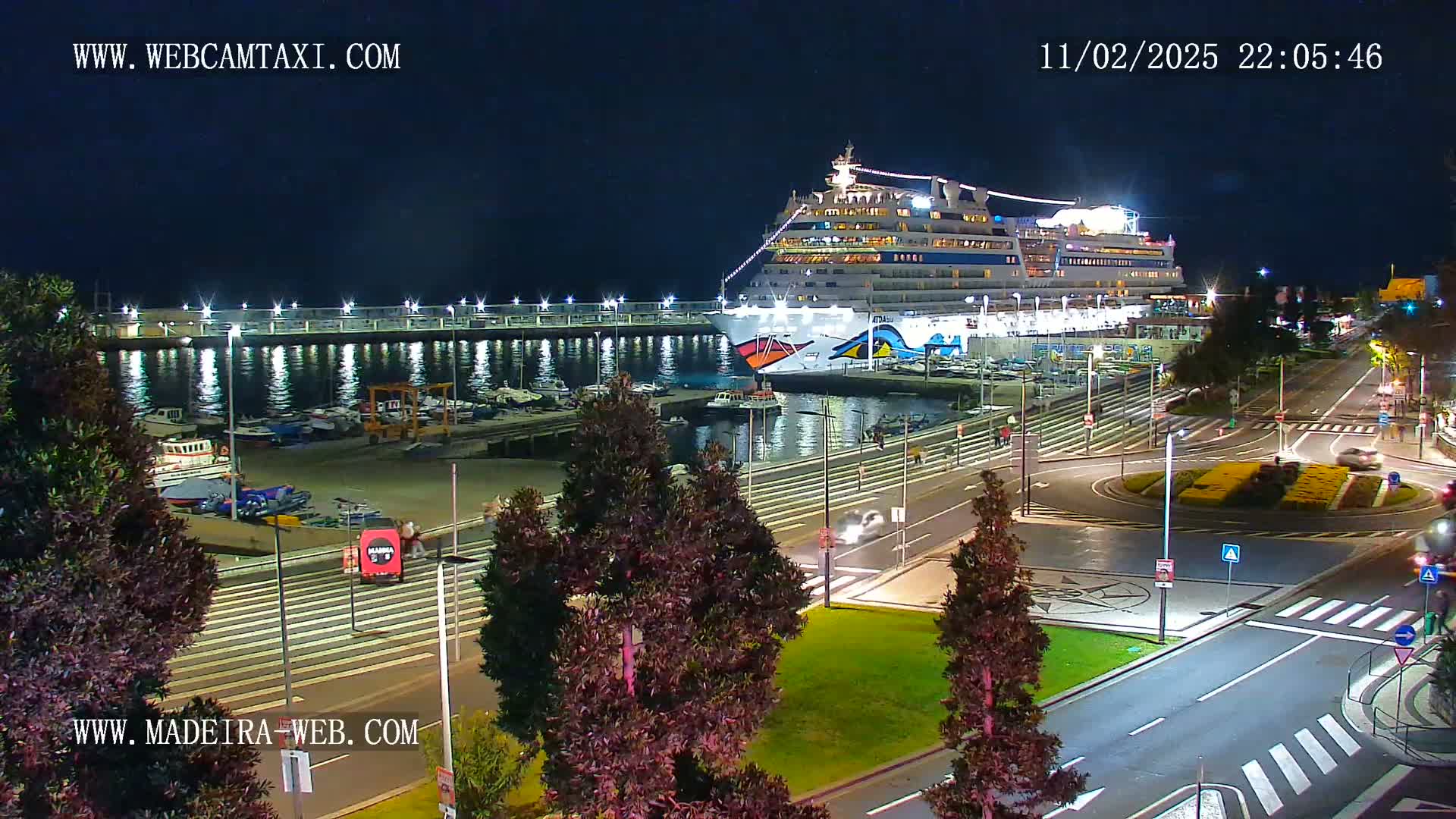 A large cruise ship is docked at a harbor at night, with city streets and small boats visible nearby under a clear, dark sky.