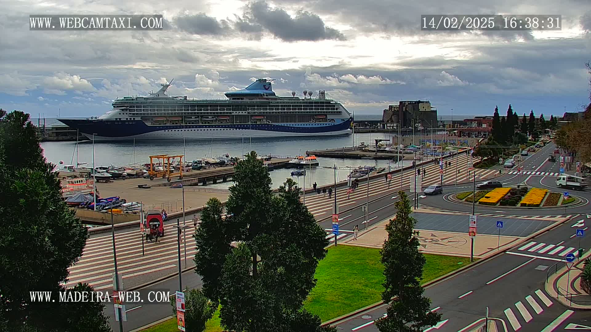 A large cruise ship is docked at a harbor, with overcast skies and a paved waterfront area featuring pedestrians and vehicles.