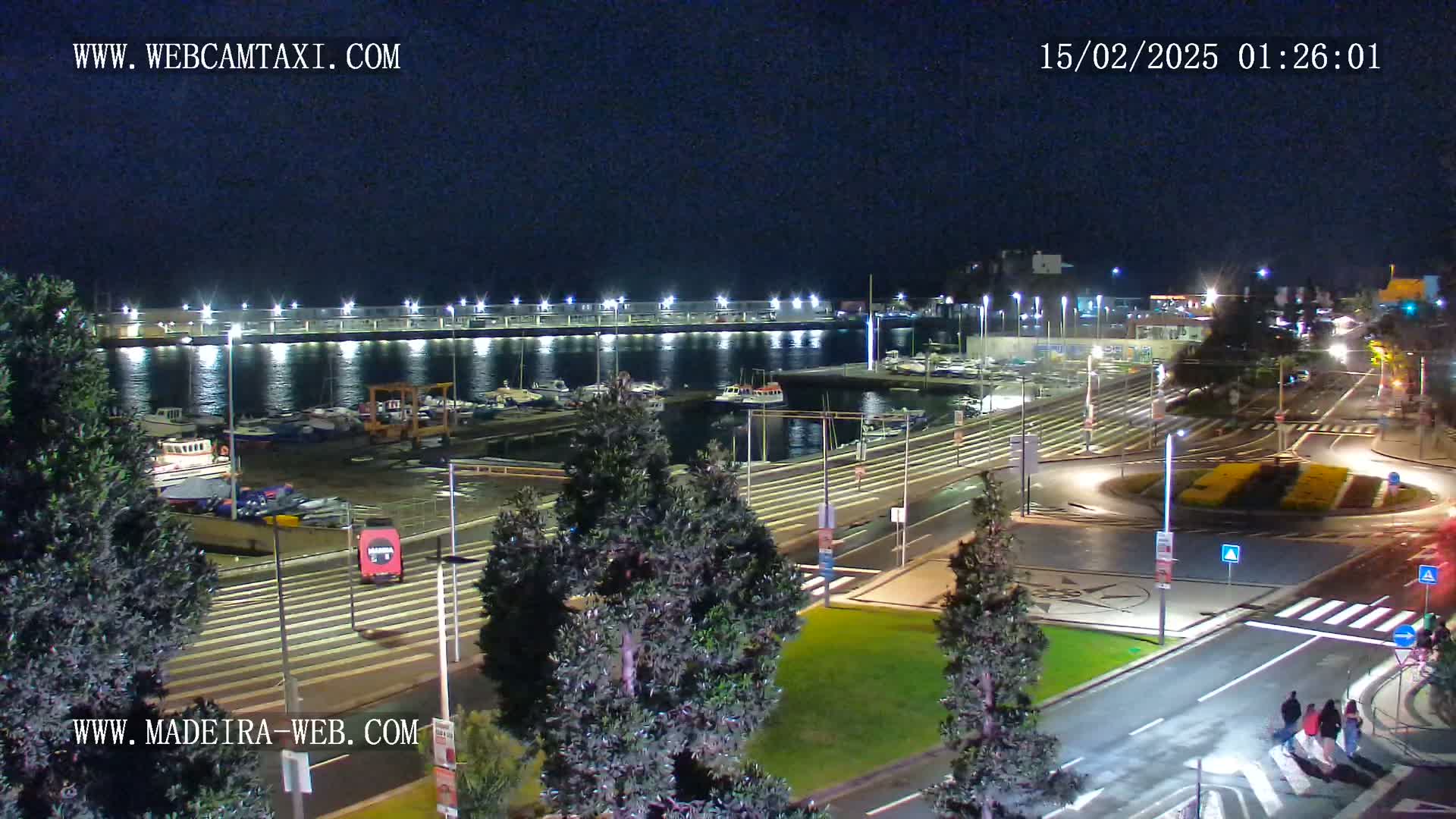 A nighttime view of a harbor filled with boats, adjacent to a roadway with a roundabout, all illuminated by artificial lights under a clear, dark sky.