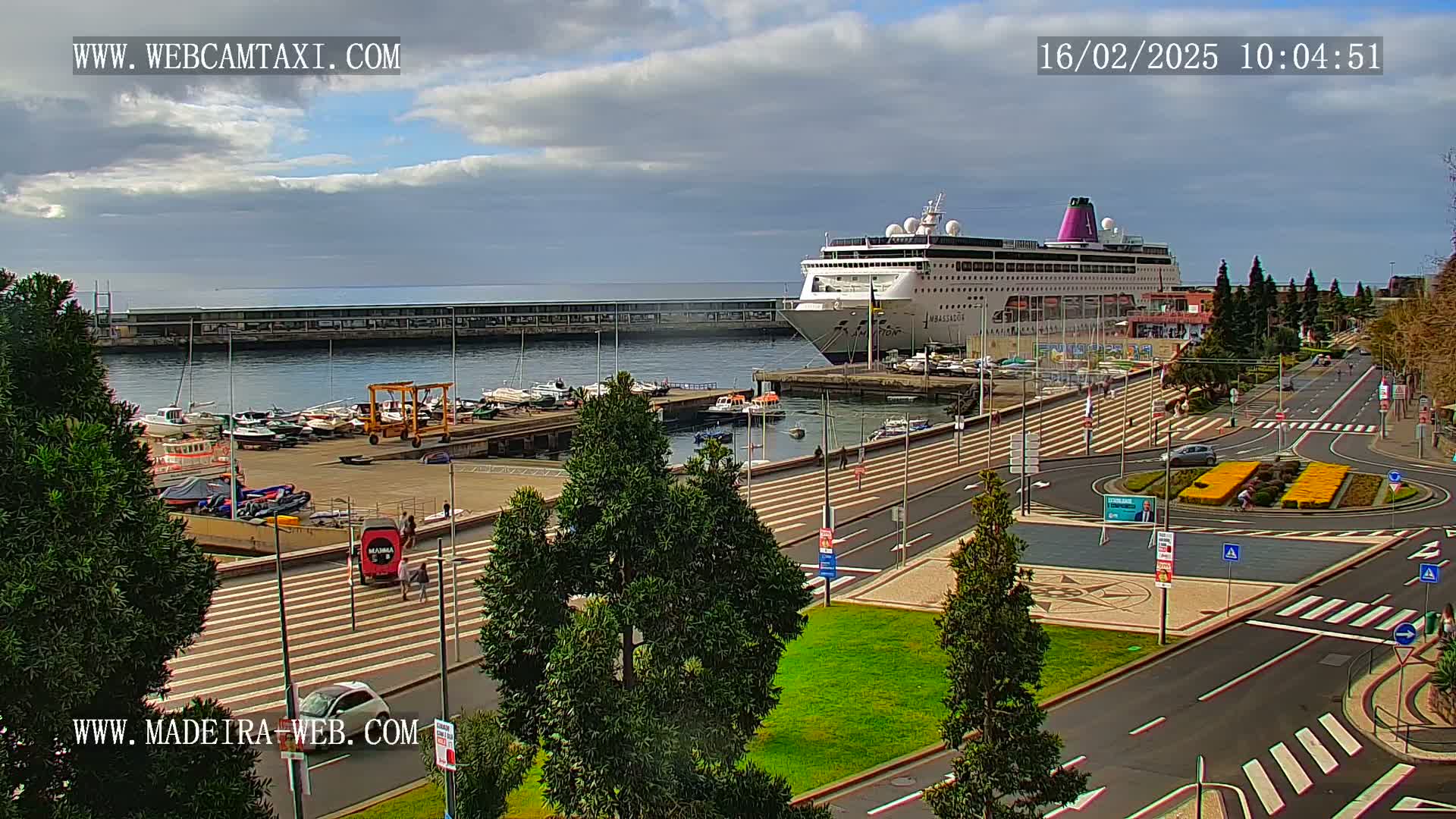 A large cruise ship is docked at a harbor, with numerous smaller boats moored nearby, under partly cloudy skies.