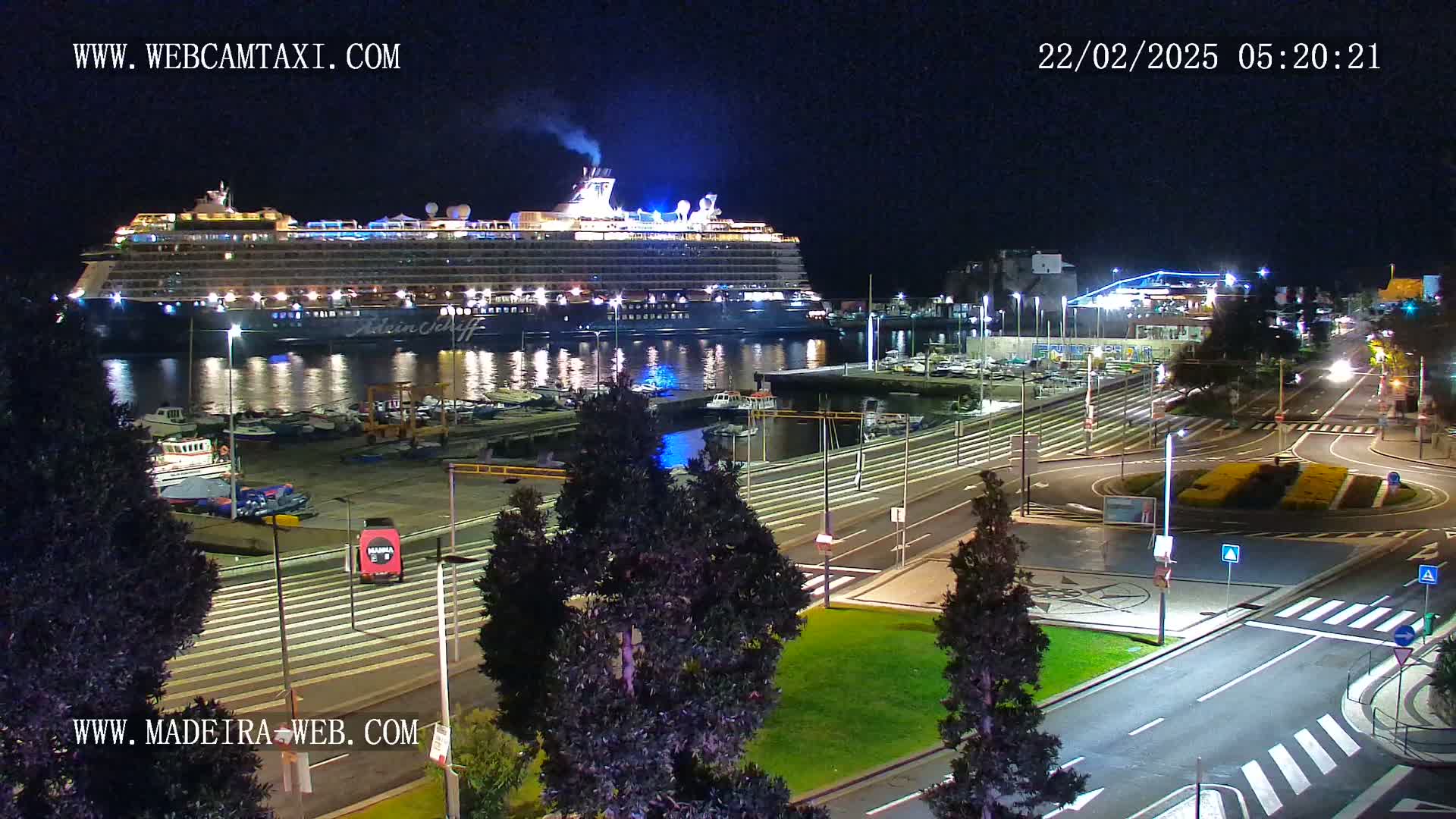 A large cruise ship is docked at a harbor at night, with well-lit roads and landscaping visible in the foreground.