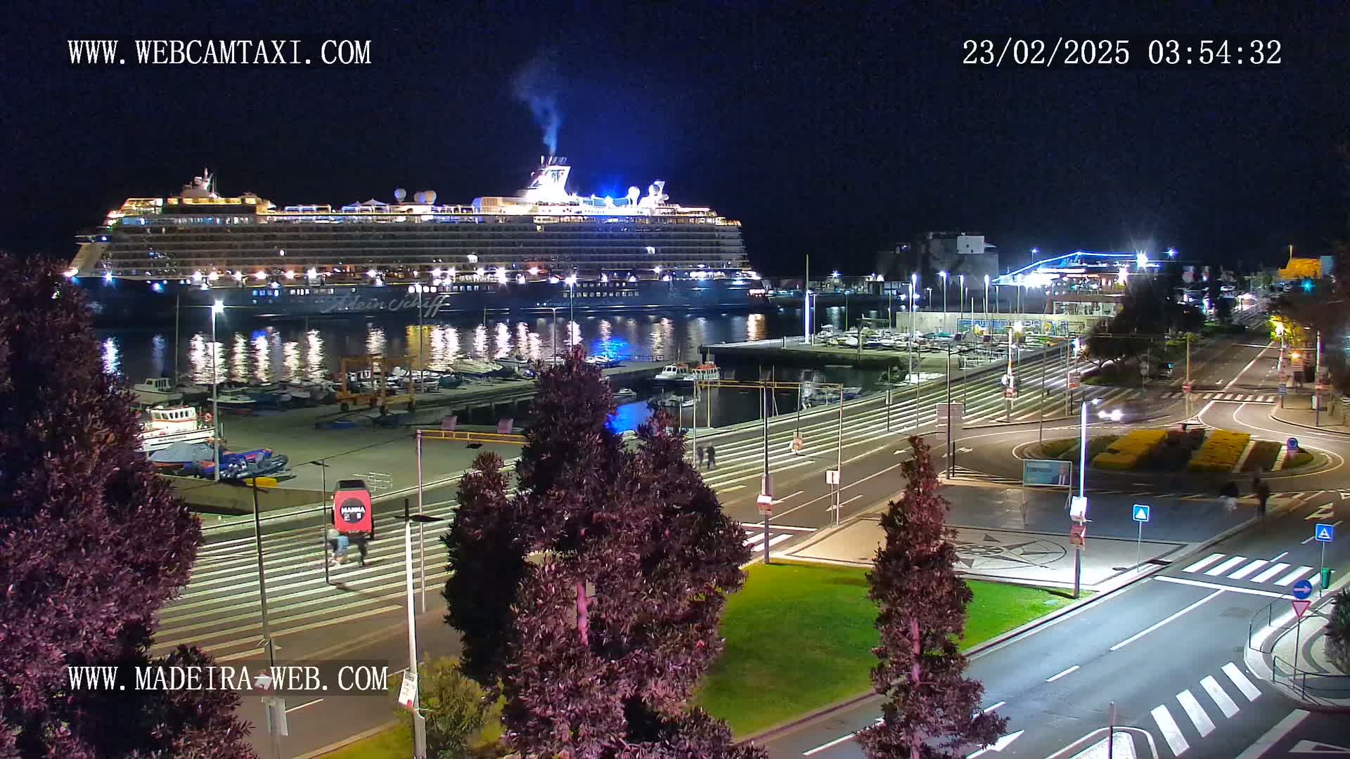 A large cruise ship is docked at a harbor at night, with city streets and buildings visible in the foreground under clear skies.