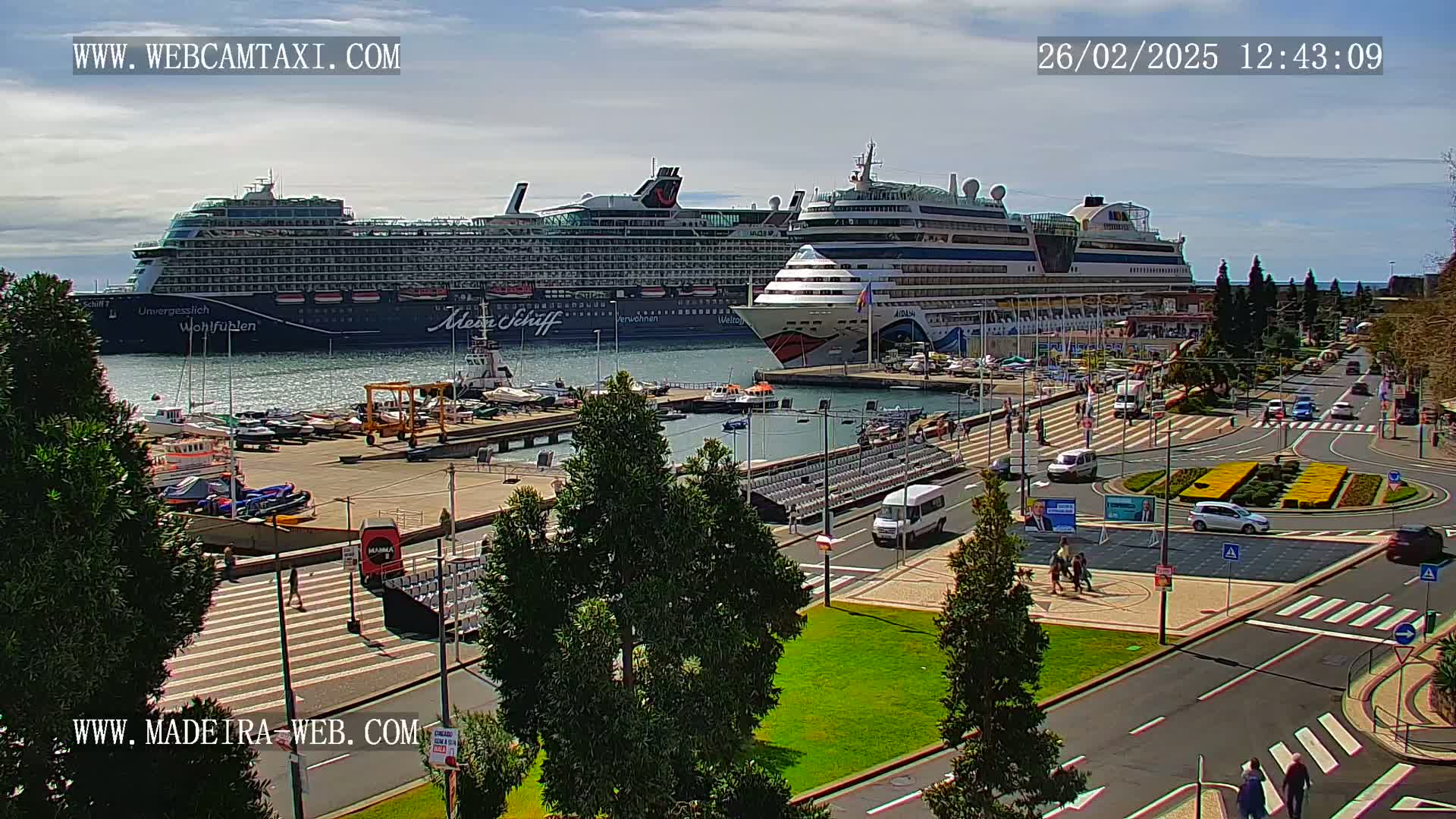 Two large cruise ships are docked at a harbor on a sunny day, with surrounding streets and landscaping visible.