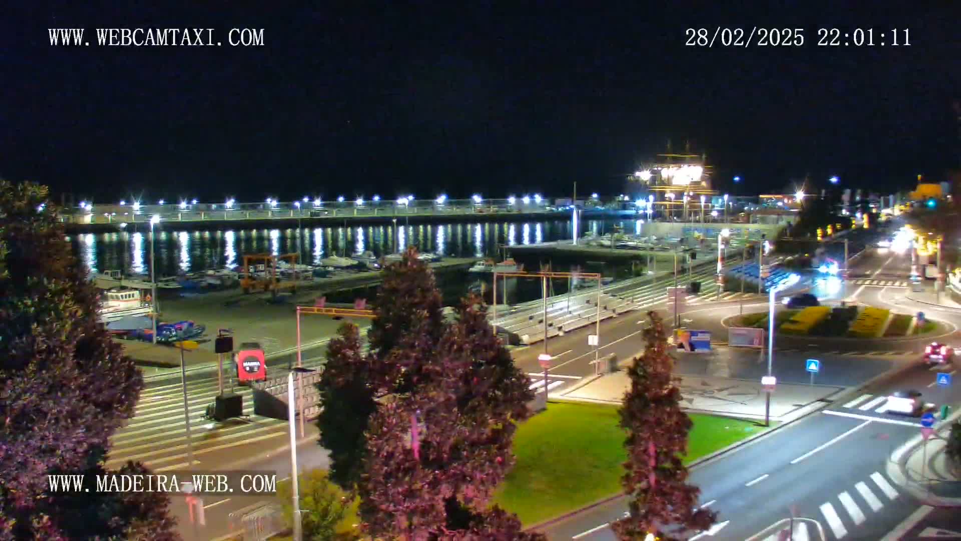 A nighttime view of a harbor marina with boats docked, surrounded by illuminated streets, trees, and buildings.