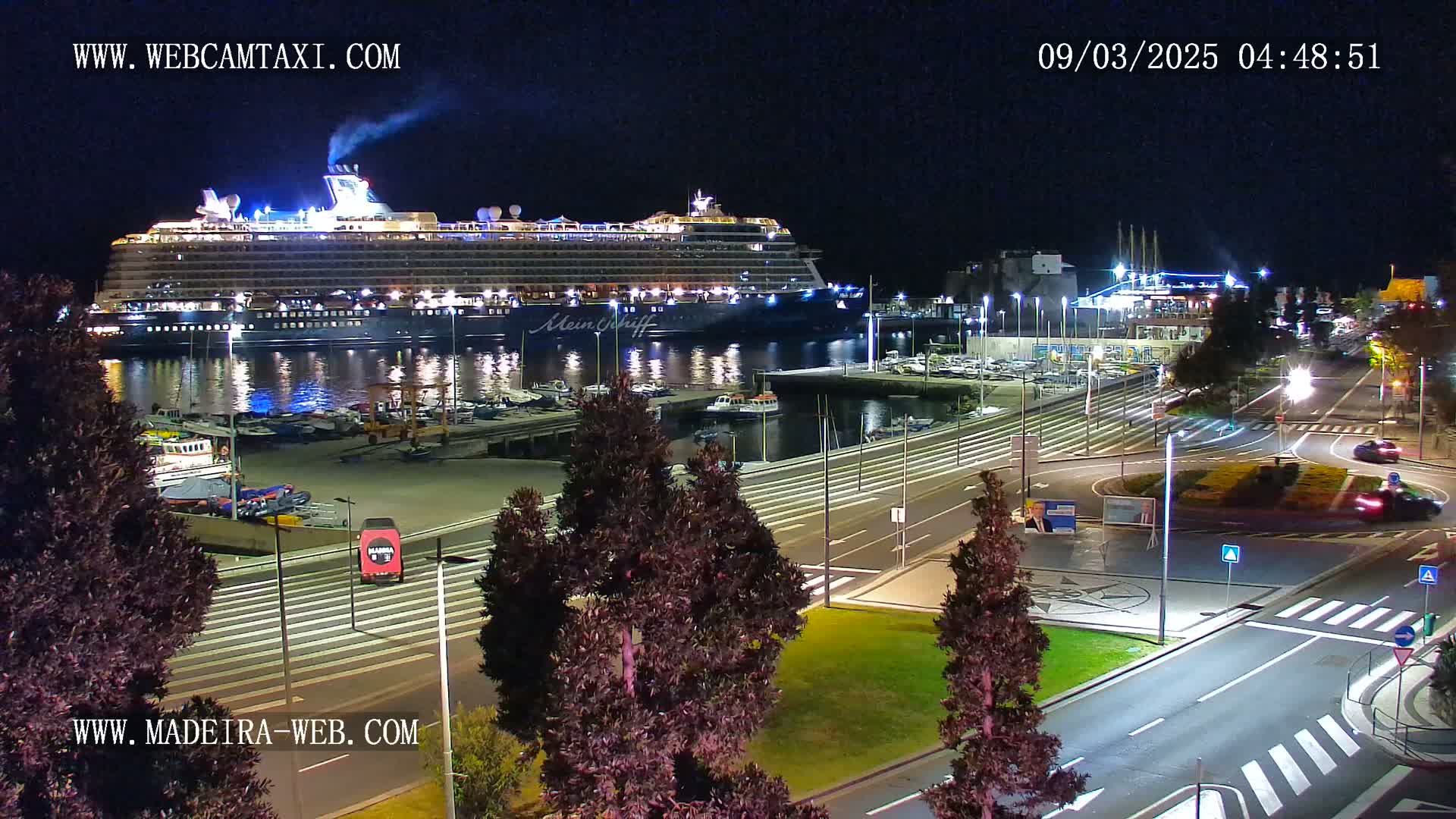 A large cruise ship is docked at a harbor at night, with well-lit roadways and surrounding landscaping visible.