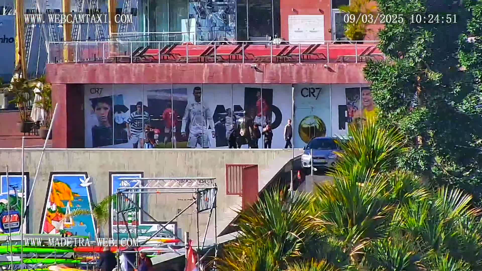 A building with large murals of soccer players is partially obscured by lush green vegetation on a sunny day.