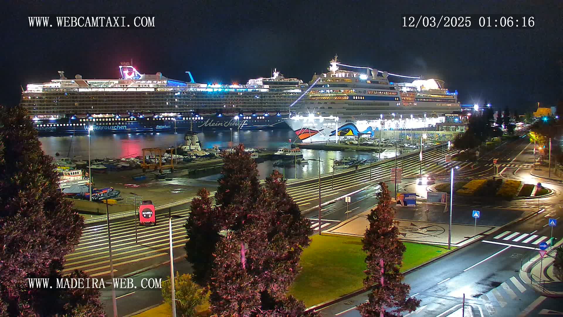 Two large cruise ships are docked at a harbor at night, under a mostly clear sky, with a wet roadway visible in the foreground.