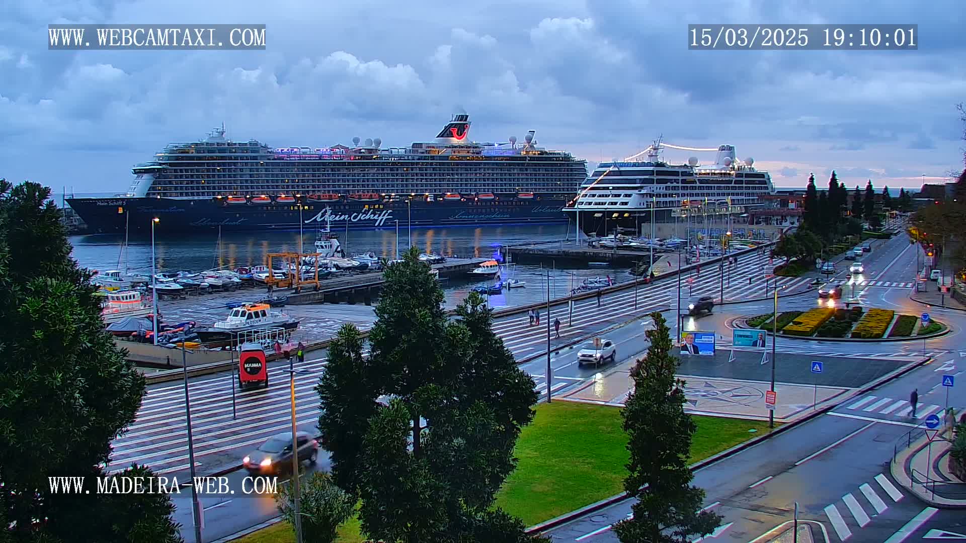Two large cruise ships are docked at a harbor, with cars driving on a wet street nearby under a cloudy twilight sky.