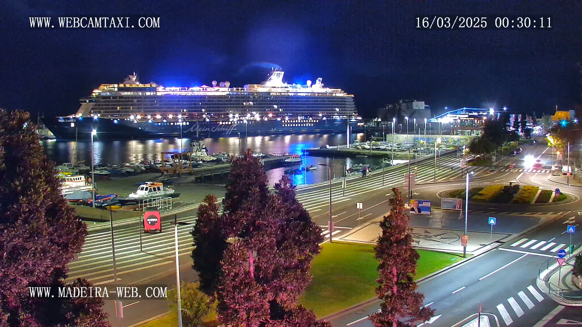 A large cruise ship is docked at a harbor at night, with city streets and small boats visible in the foreground.