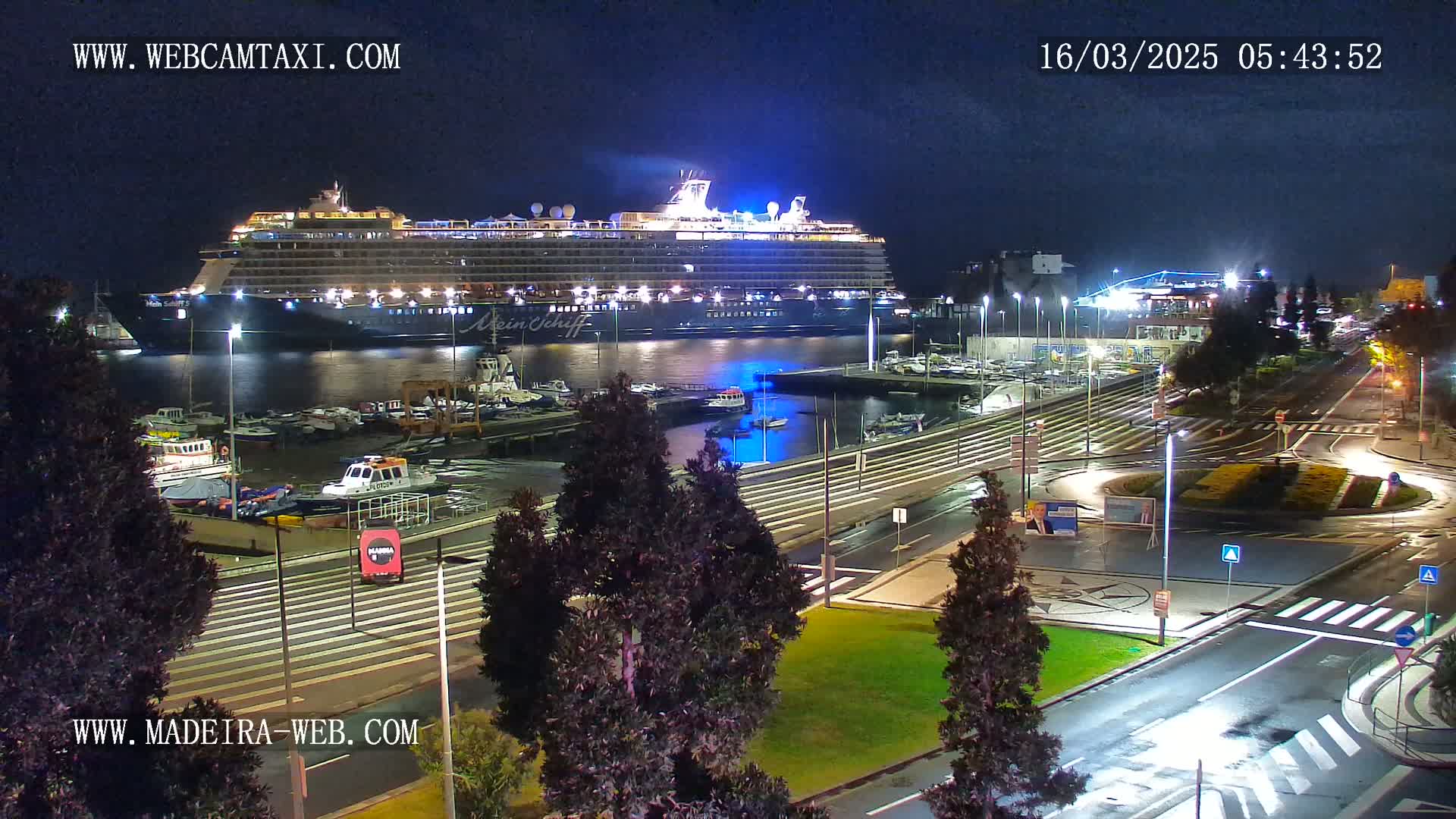 A large cruise ship is docked at a harbor at night, with wet roadways and surrounding greenery visible.