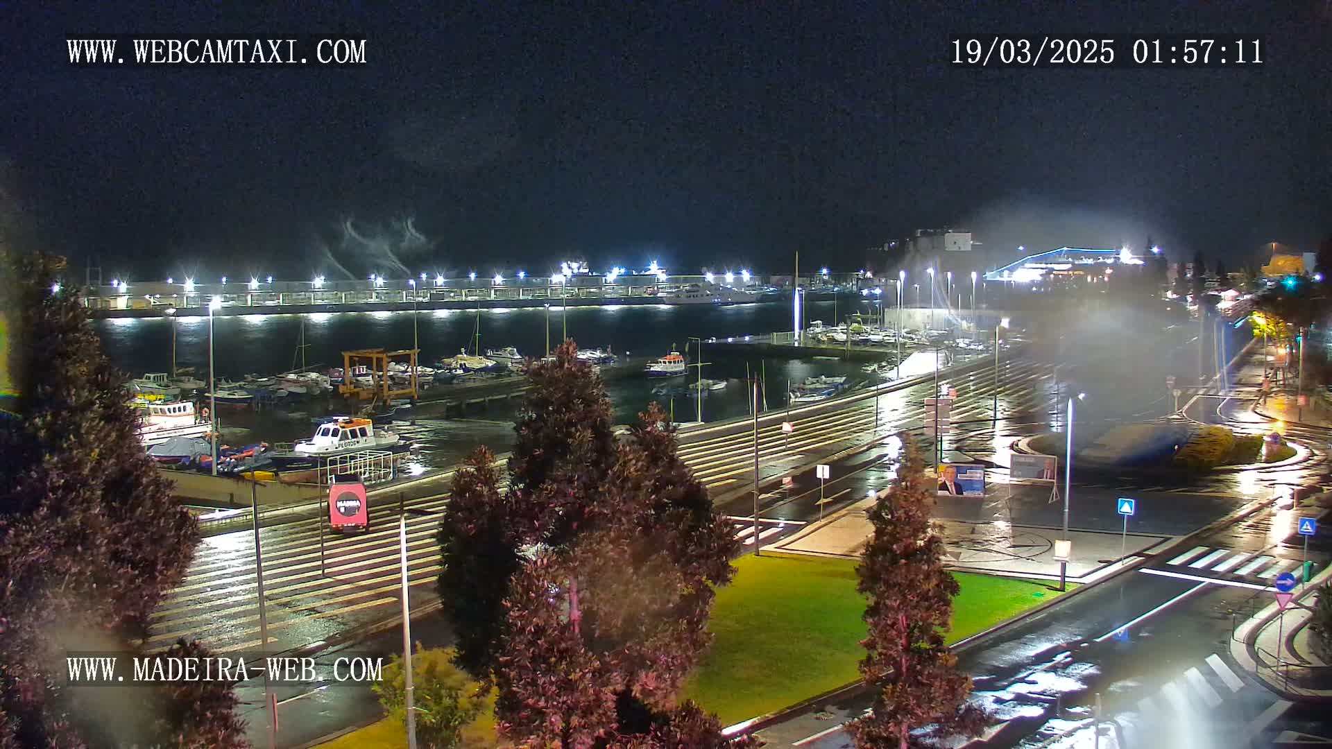 A nighttime view of a marina with boats docked, wet streets, and surrounding landscaping under rainy conditions.