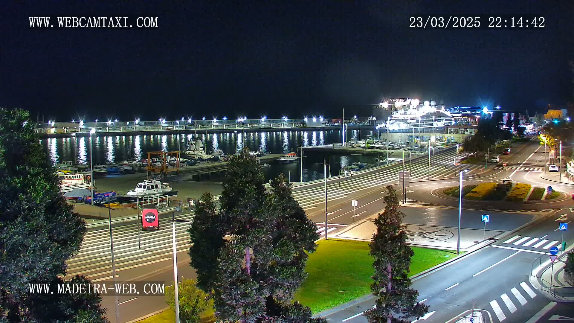 A nighttime view of a harbor filled with boats and a roadway with streetlights, under clear skies.
