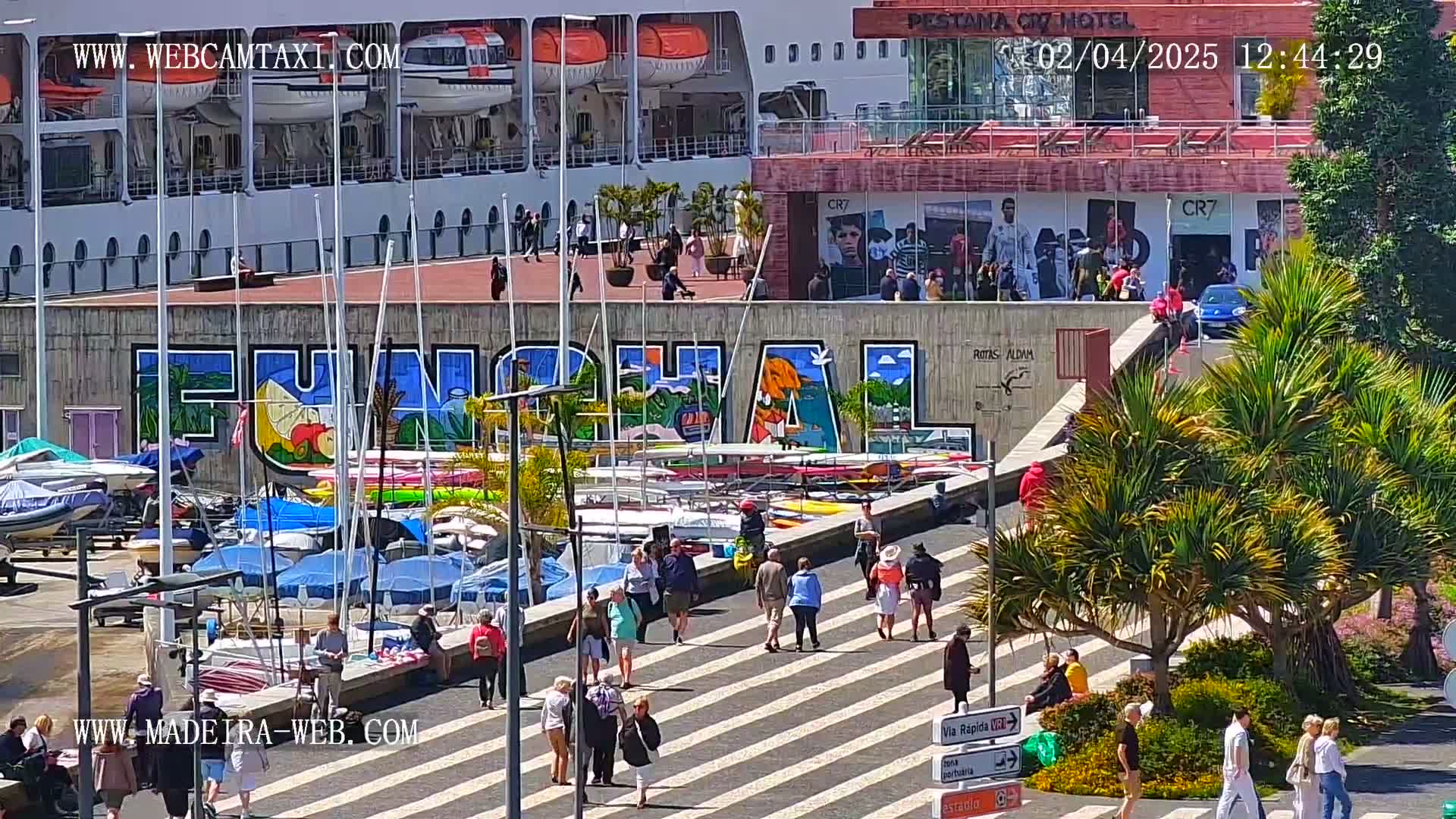 A sunny harbor scene shows a large cruise ship docked near a wall with a mural, numerous boats in the water, and people strolling on a paved walkway lined with palm trees.