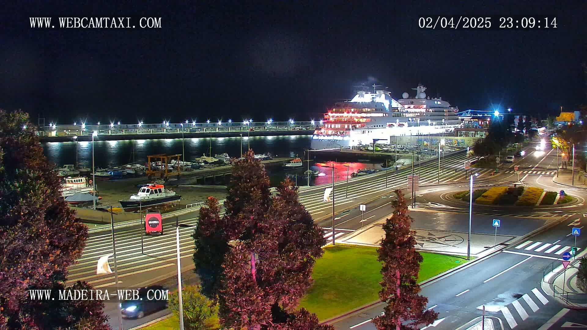 A large cruise ship is docked at a harbor at night, with a marina and roadways visible surrounding it.