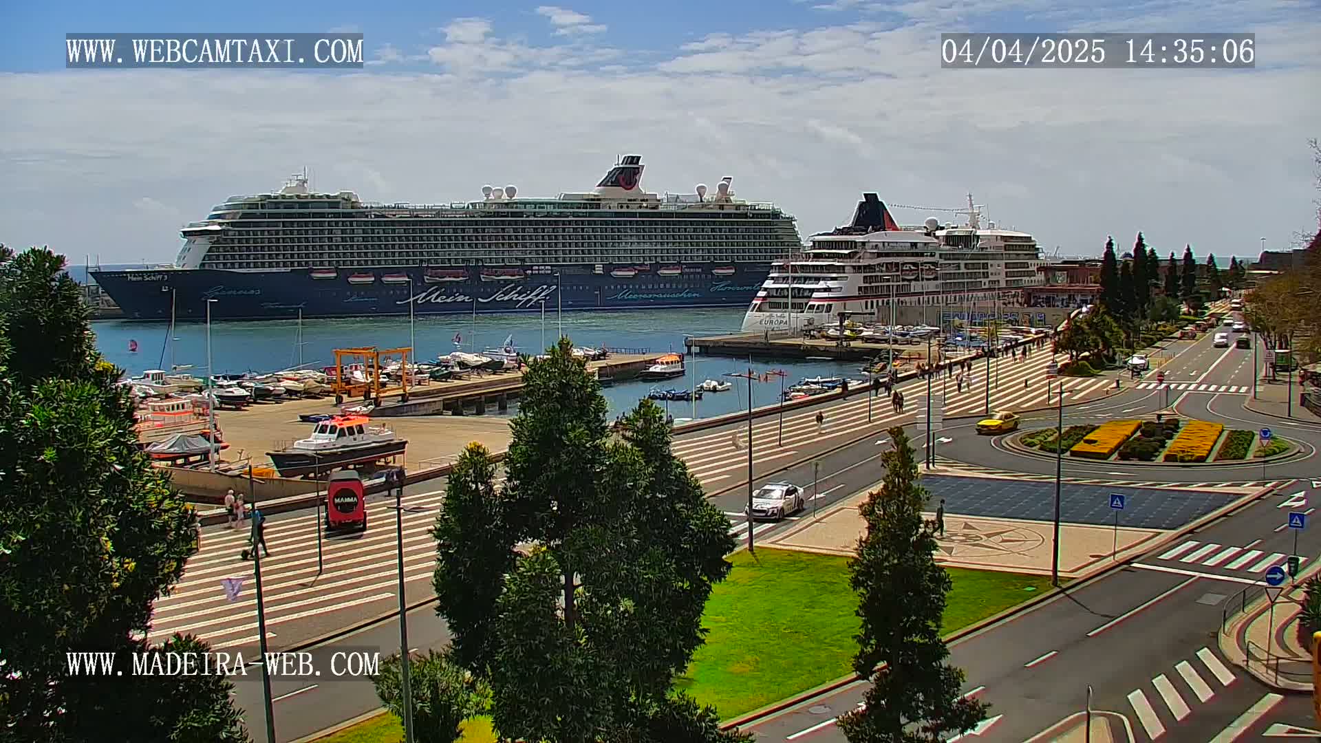 Two large cruise ships are docked at a harbor on a sunny day, with a paved walkway and road leading away from the waterfront, lined with trees and small vehicles.