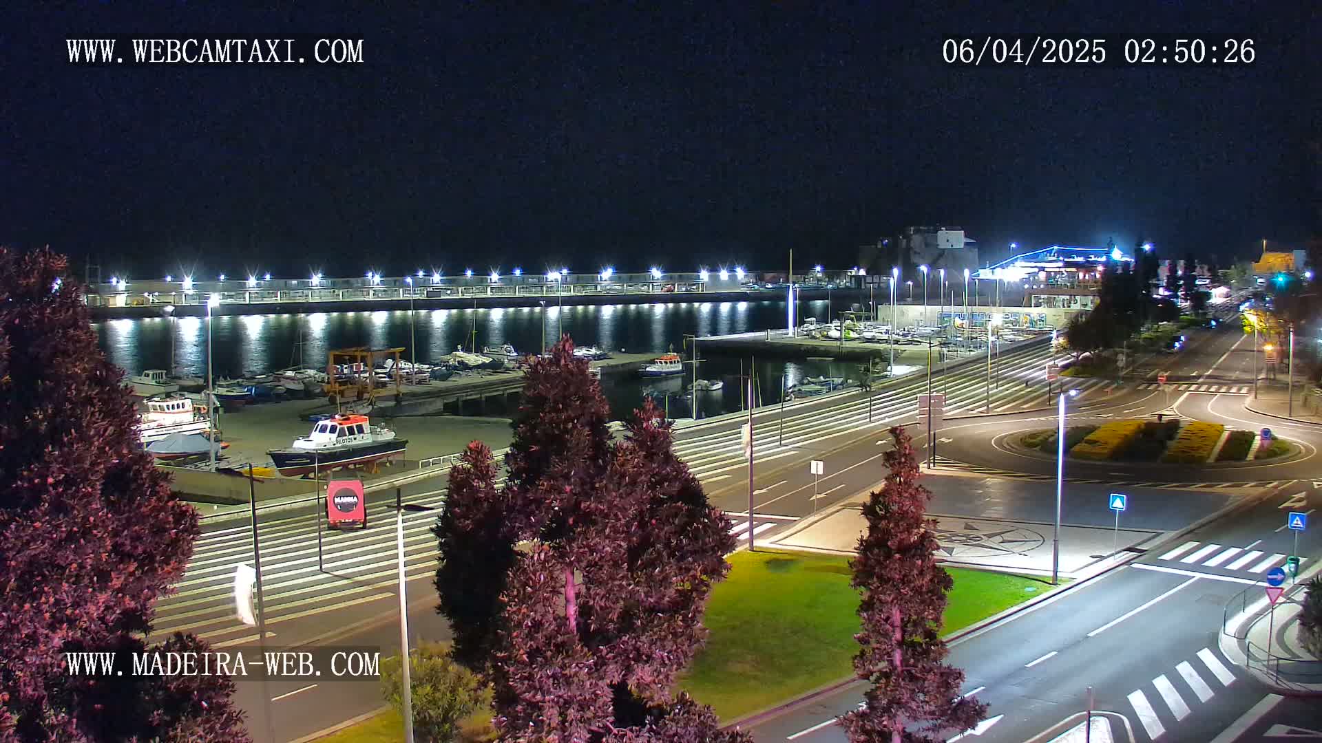 A nighttime view of a marina with boats docked, adjacent to illuminated roads and landscaping.