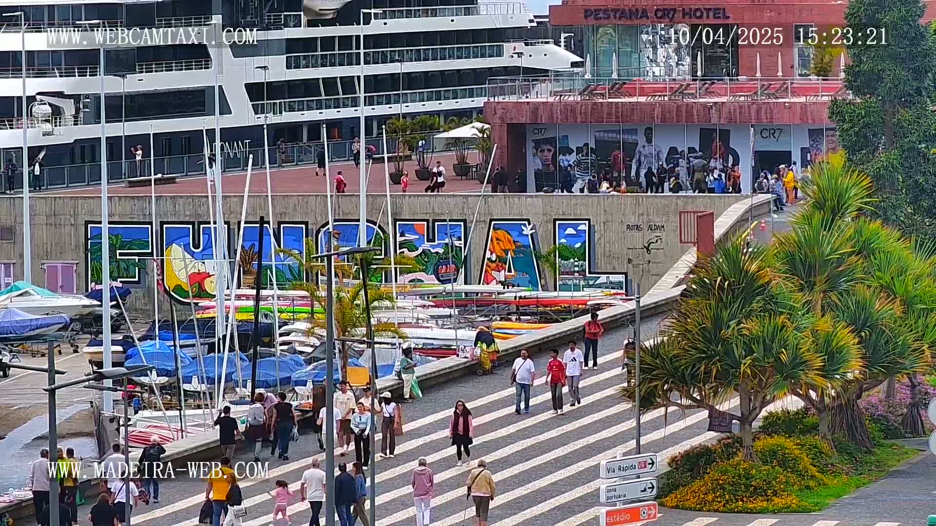 A harbor scene shows a large cruise ship docked next to a building with a mural of "Funchal," numerous small boats, and people walking along a paved walkway lined with palm trees.