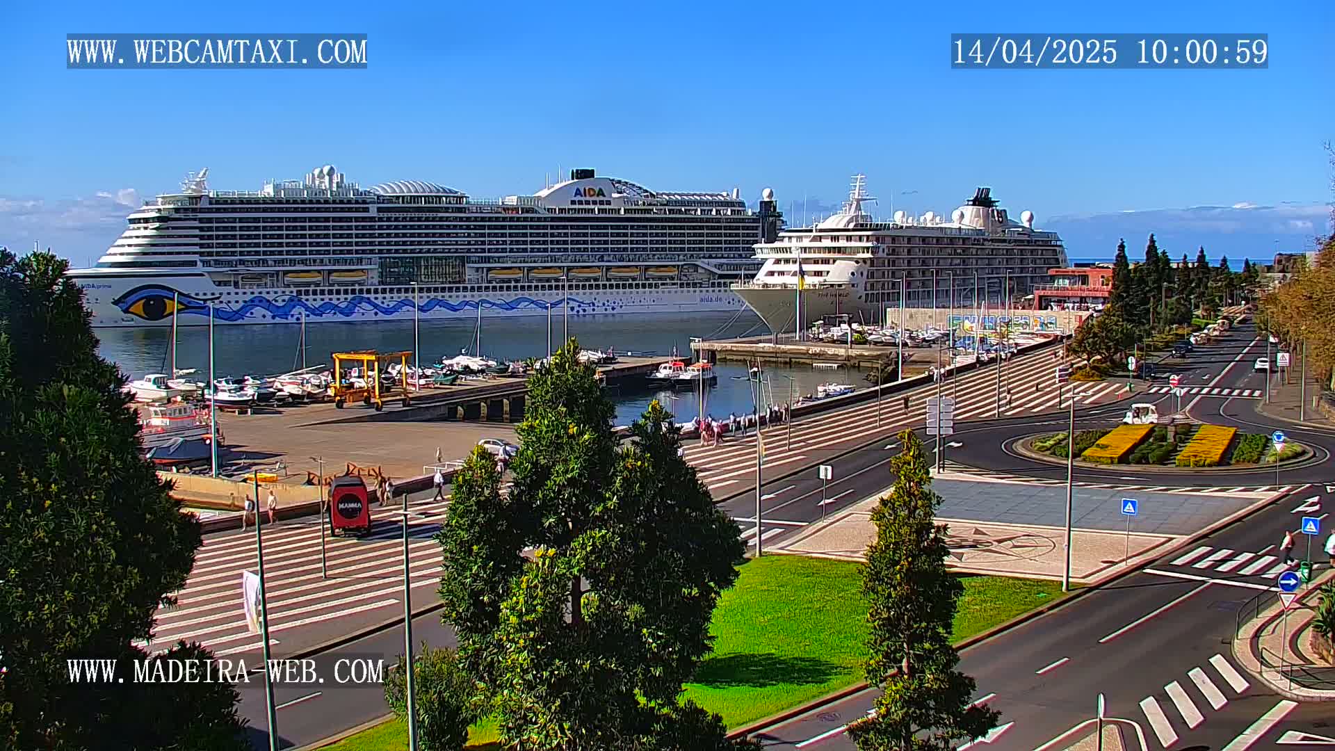 Two large cruise ships are docked at a harbor on a sunny day, with a paved area and landscaping visible in the foreground.