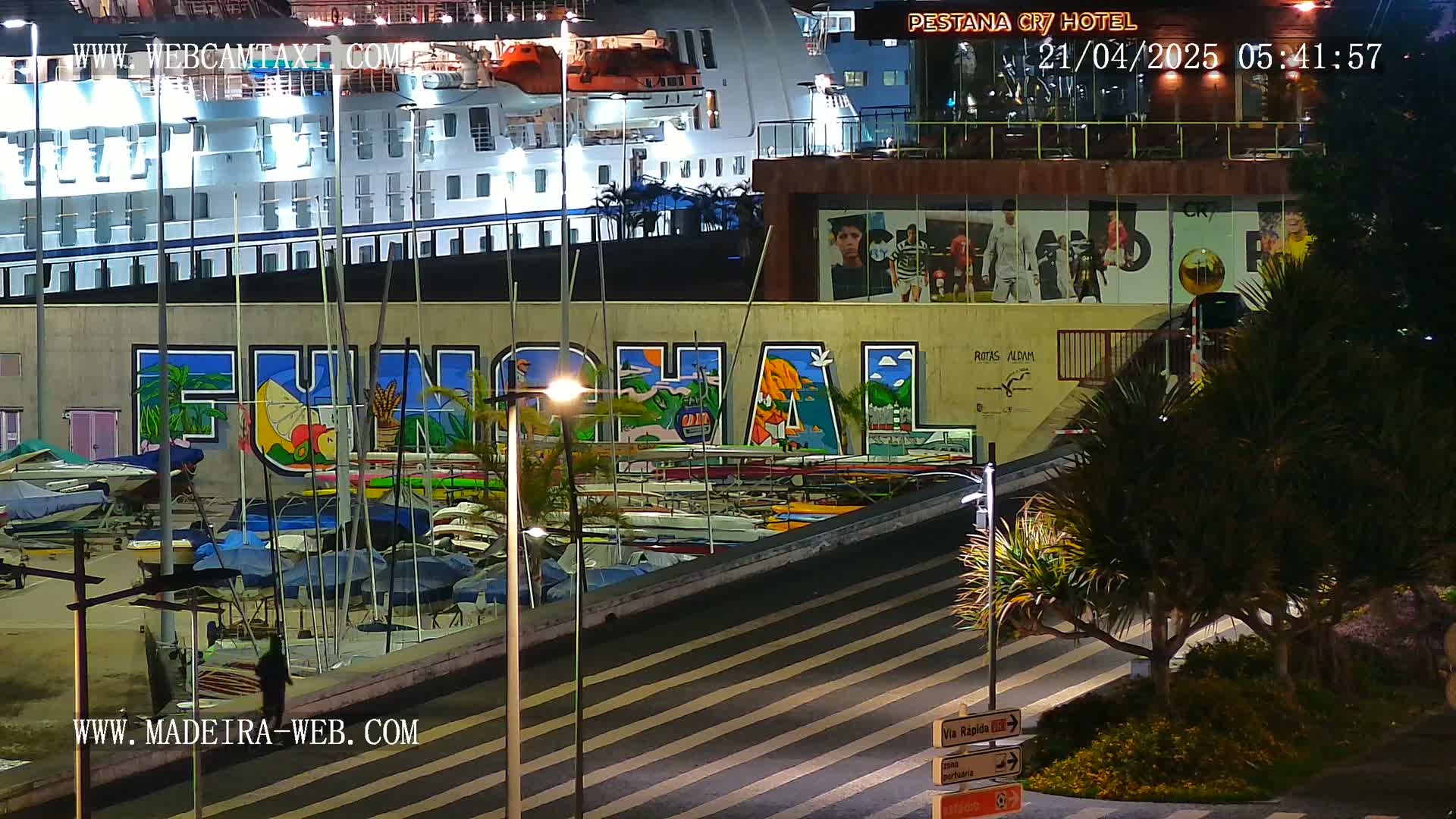 A large cruise ship is docked at night next to a marina with numerous sailboats, a building with murals, and palm trees, under partly lit conditions.