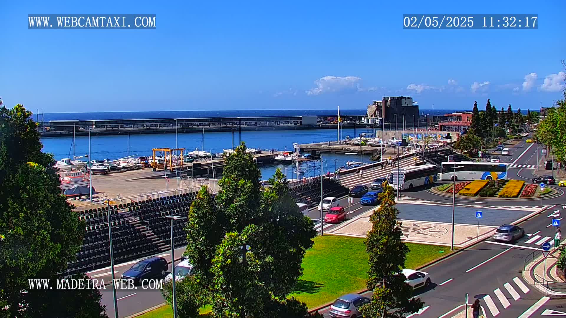 A sunny harbor scene with numerous boats docked, surrounded by roads with cars and a bus, and lush green areas.