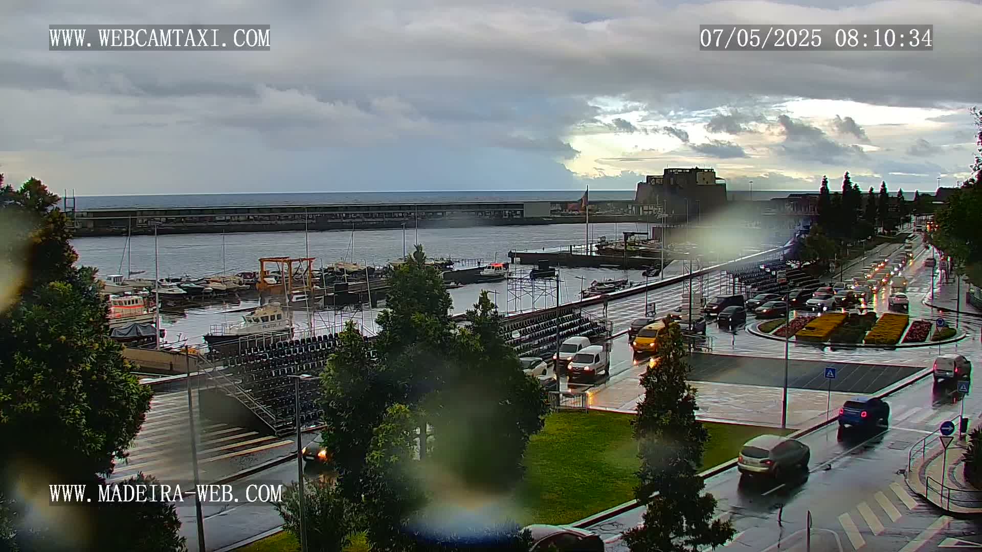 A rain-soaked harbor scene shows a marina filled with boats, a roadway with cars, and a grassy area, all under a cloudy sky.