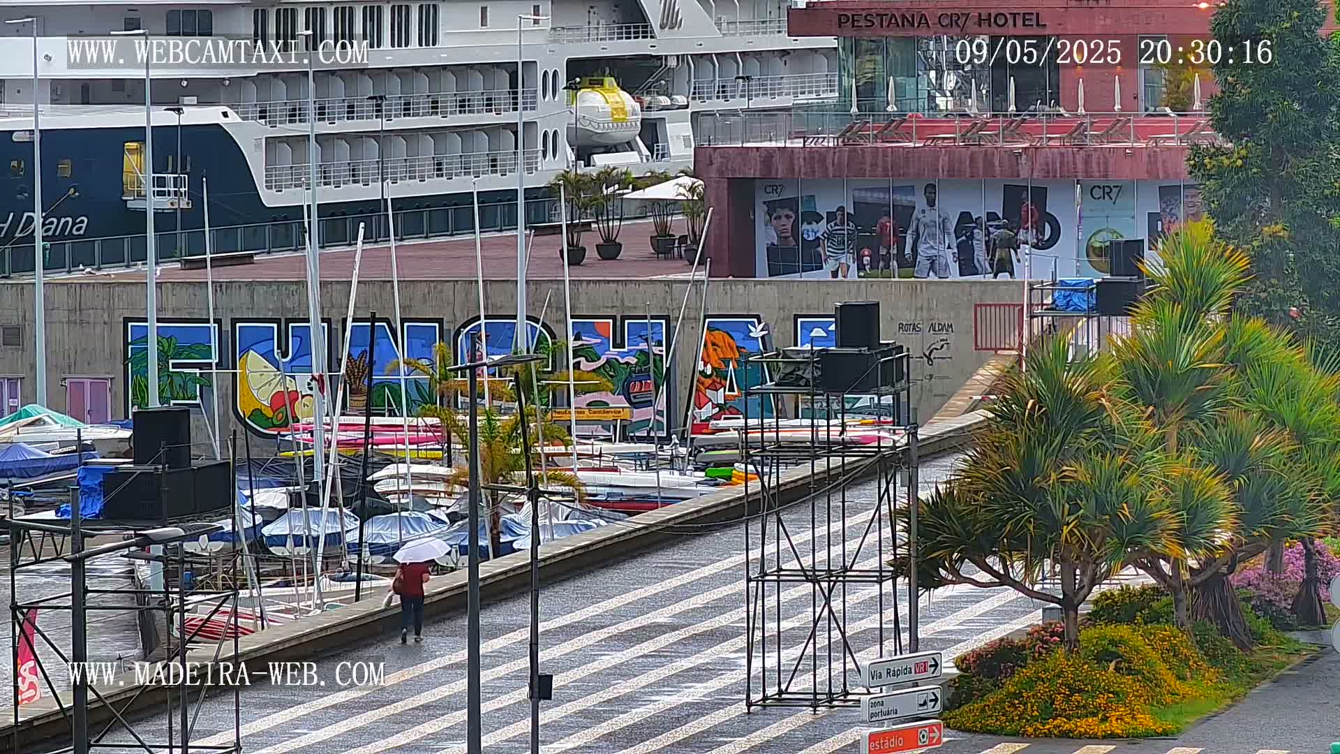 A large cruise ship is docked next to a harbor filled with sailboats, under a rainy sky.