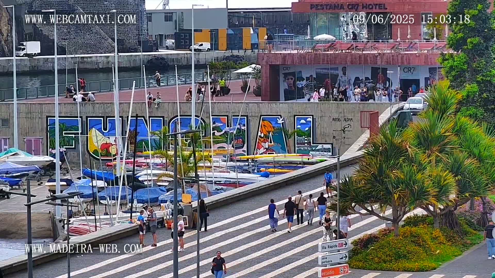 A harbor scene on a sunny day shows numerous small boats docked along a wall with large graffiti art depicting the word "Funchal", pedestrians strolling along a crosswalk, and lush green plants in the foreground.