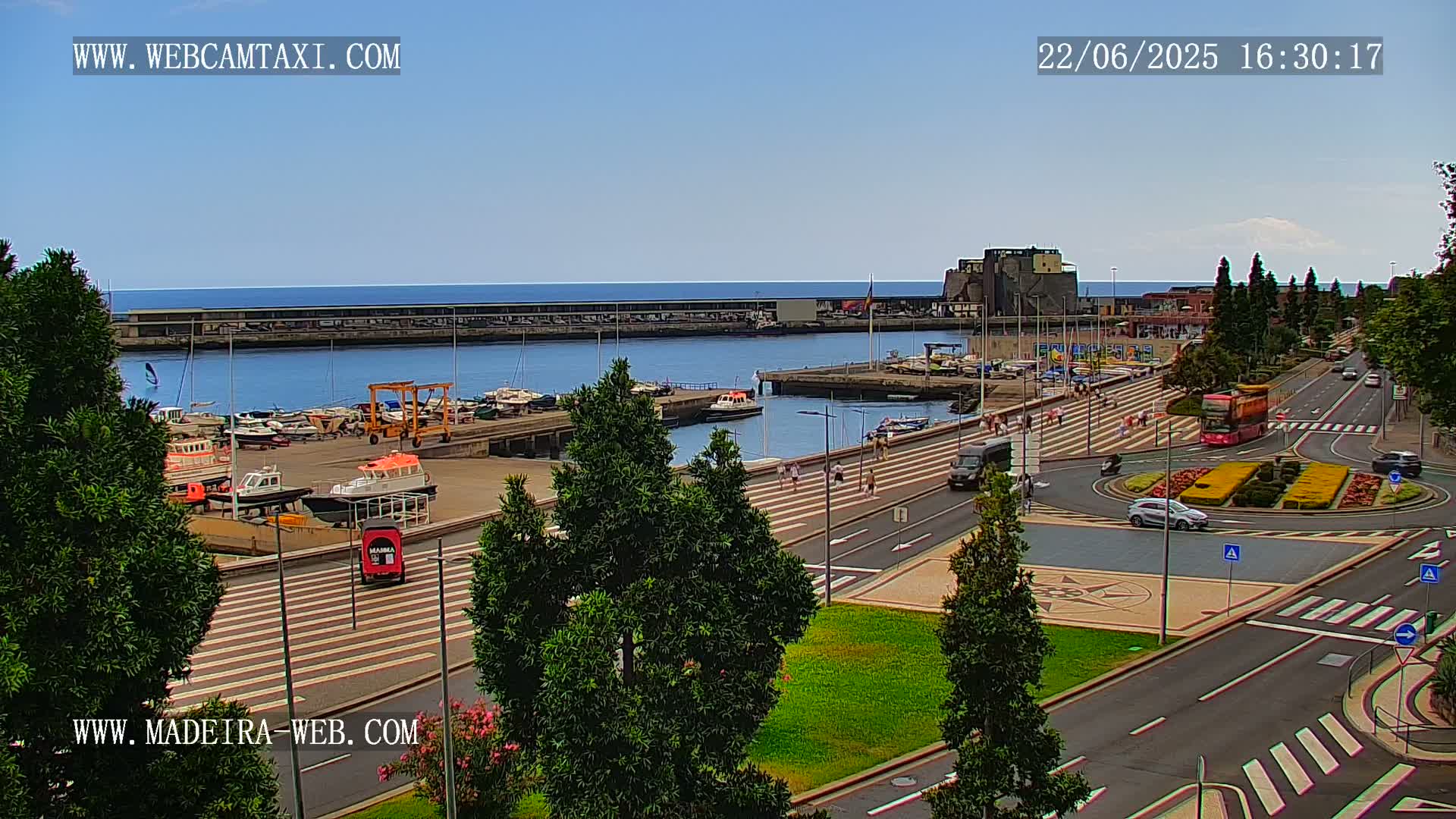A harbor filled with boats is visible beyond a paved area with pedestrians and cars on a sunny day.