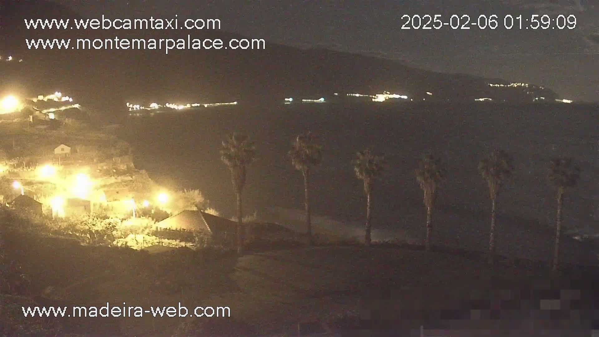 A nighttime coastal scene shows a village with illuminated buildings and palm trees near a dark ocean with waves under a clear, dark sky.