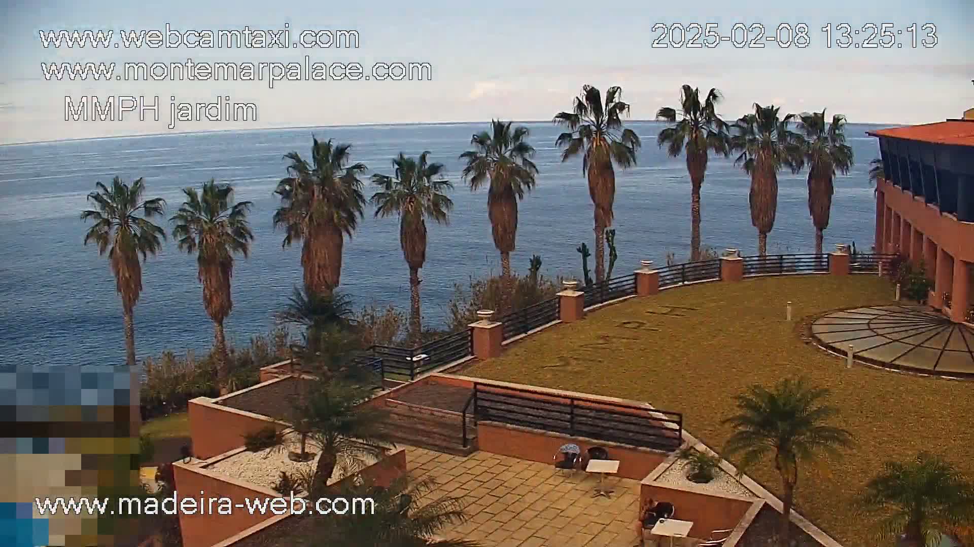 An outdoor scene shows a resort overlooking a calm ocean under a partly cloudy sky, with palm trees lining the cliffside and a patio area with people sitting at tables.