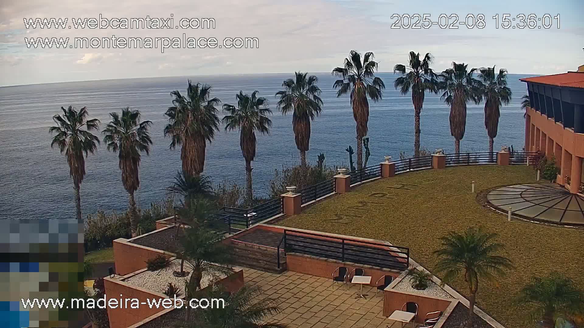 An ocean view from a patio area with palm trees, a building, and a mostly sunny sky.