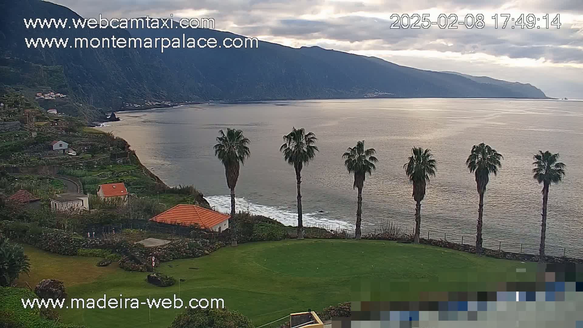 A coastal scene under cloudy skies shows a calm ocean, a green grassy area with palm trees, and houses built into a hillside.