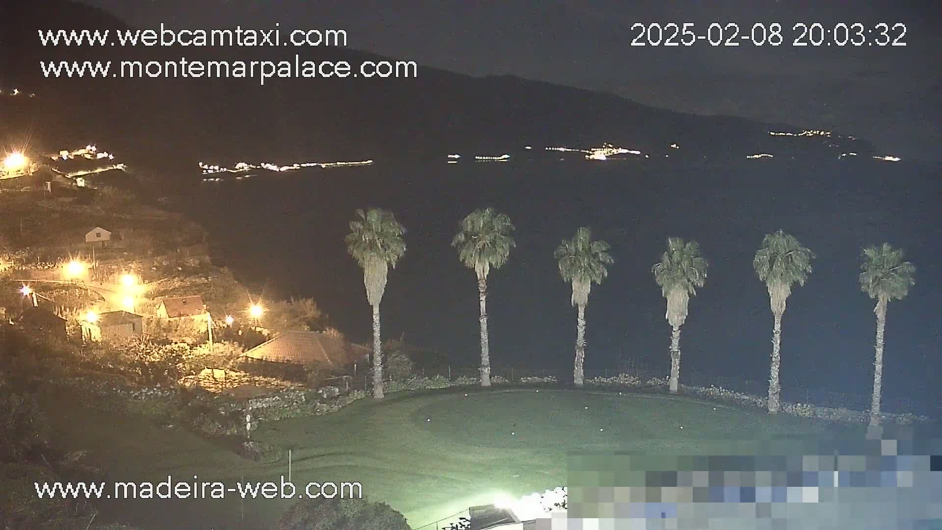 A nighttime view of a coastal area shows palm trees on a putting green overlooking a dark ocean and distant, dimly lit buildings on a hillside.