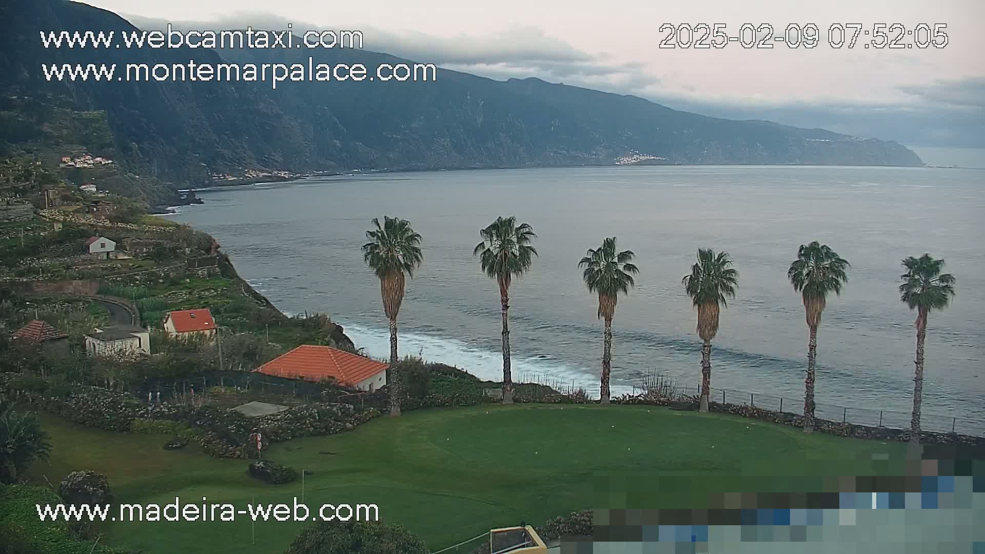 A coastal scene with overcast skies shows a green lawn bordered by a stone wall, several palm trees, houses, and a calm ocean with dark mountains in the background.