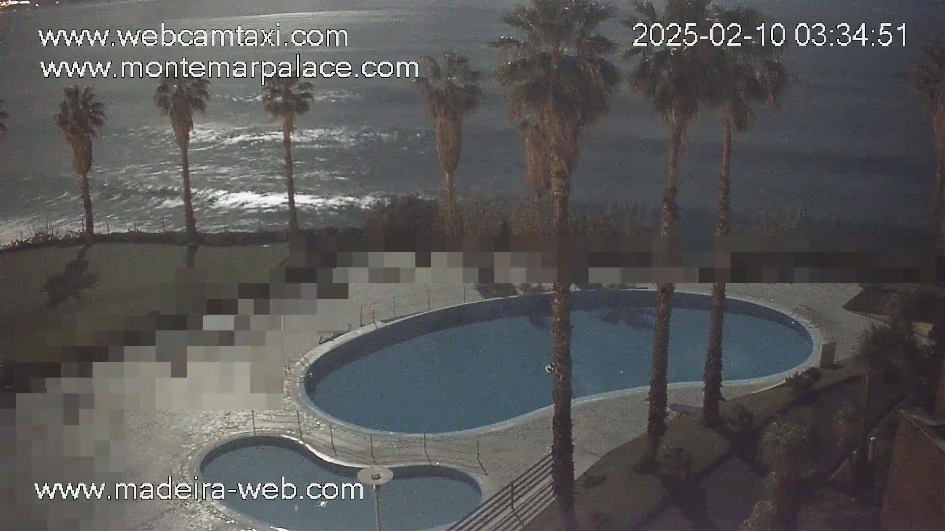 An outdoor kidney-shaped swimming pool and smaller adjacent pool are surrounded by palm trees overlooking a dark, choppy ocean at night.